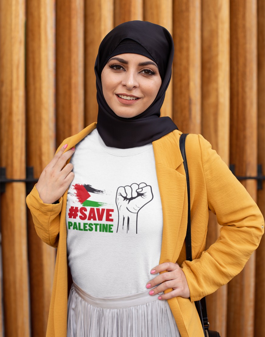 Save Palestine T Shirt Woman in Hijab